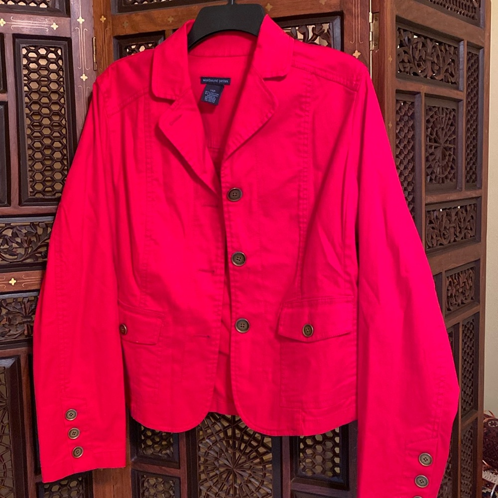 Westbound petites. Red twill denim, blazer/ jacket. EUC
